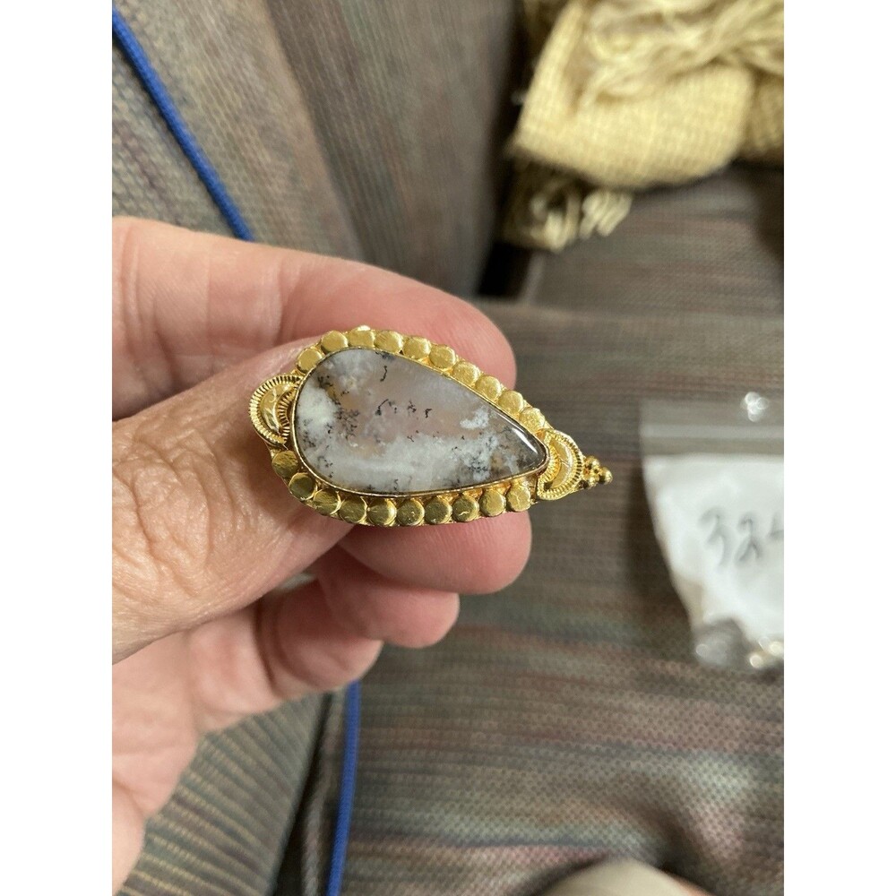 Gold Plated Dendritic Agate Statement Ring – Size 6 – Ornate Beaded Teardrop Set
